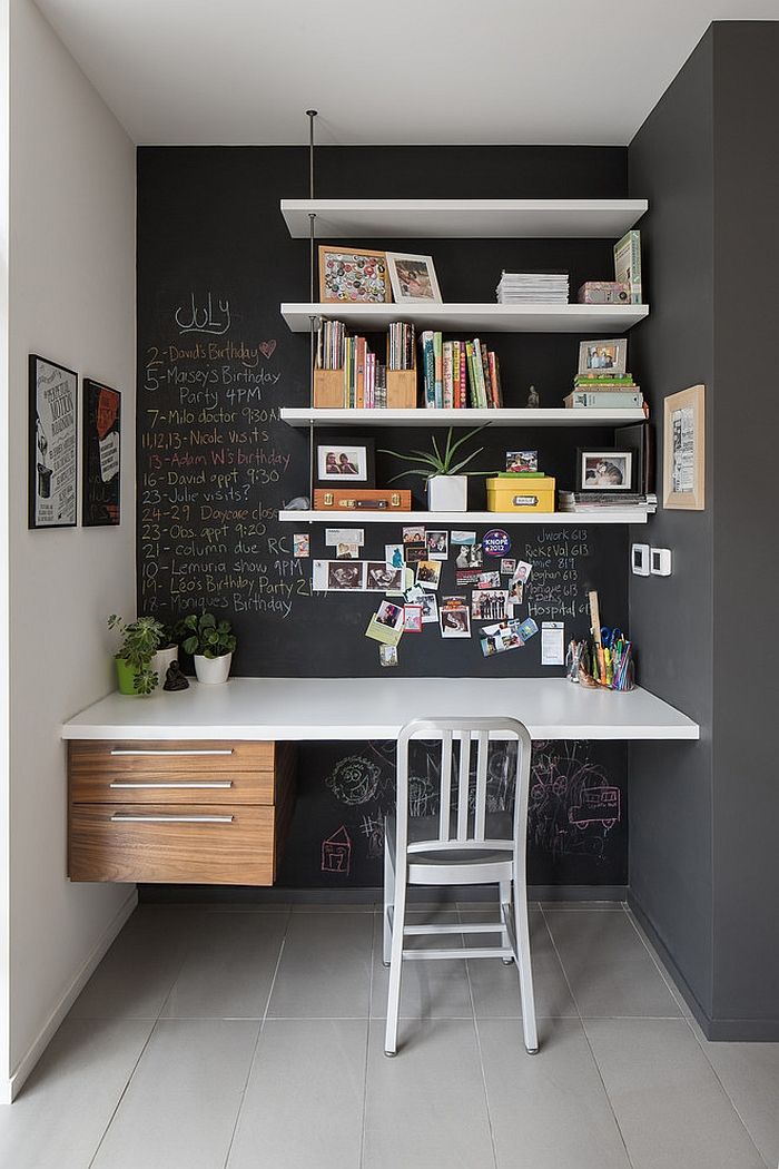 chalk board wall with shelves and desk with chair